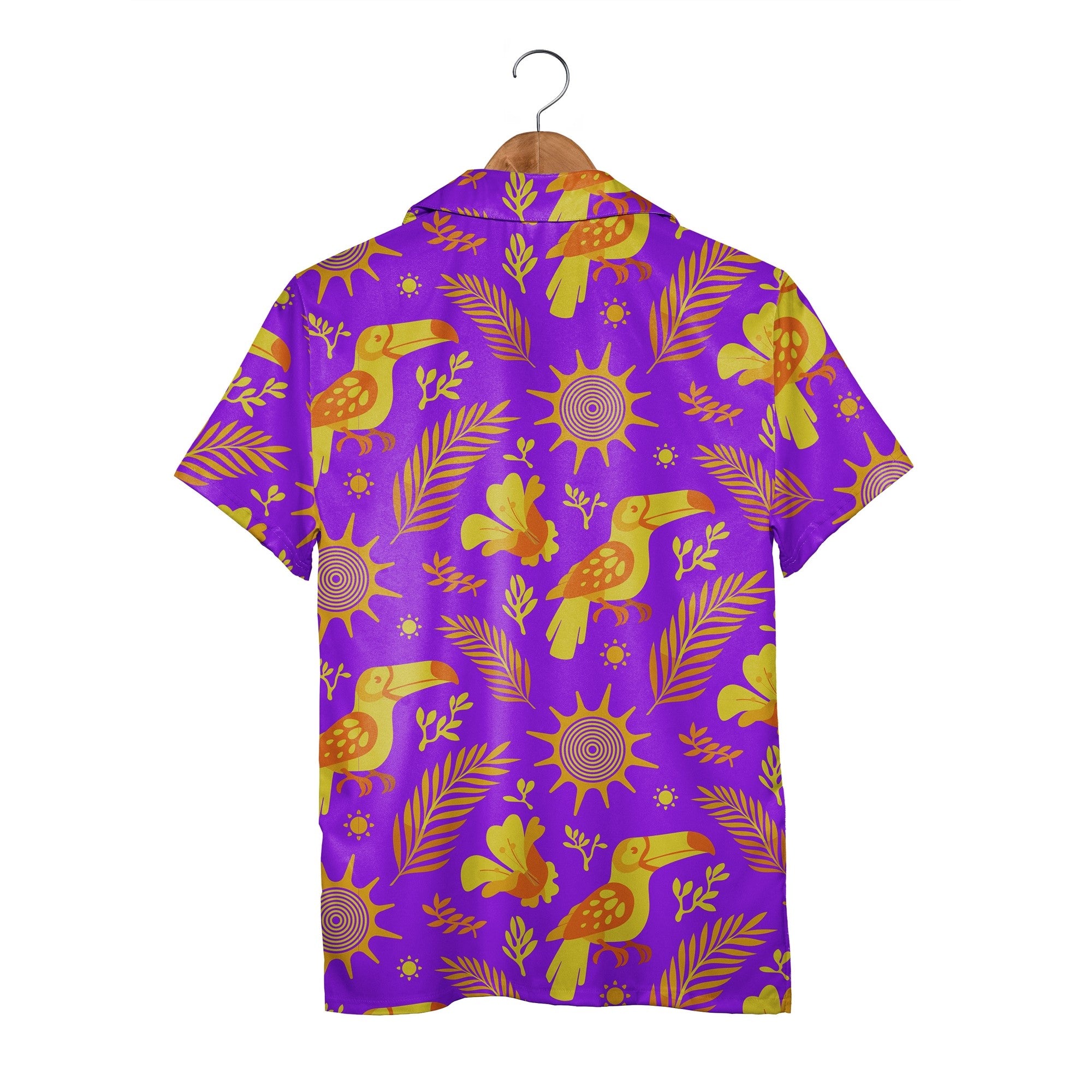 Toucan Paradise Hawaiian Shirt with Tropical Flowers and Palm Leaves in Vivid Purple Orange