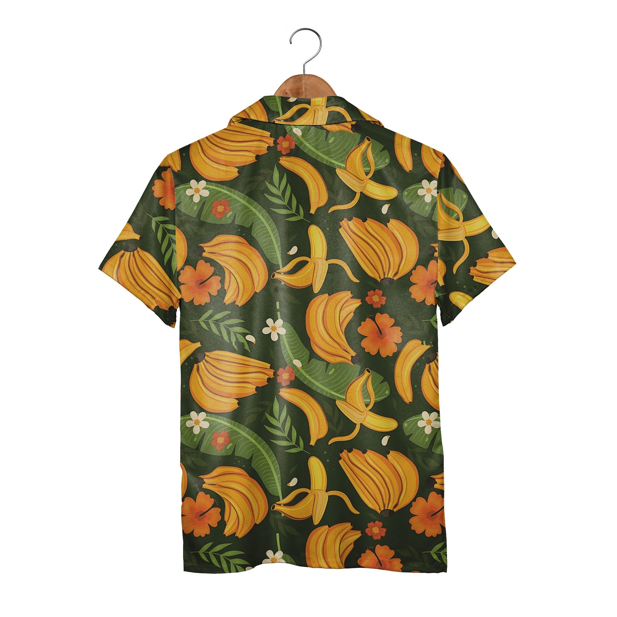 Tropical Banana Hawaiian Shirt with Plumeria on Forest Green