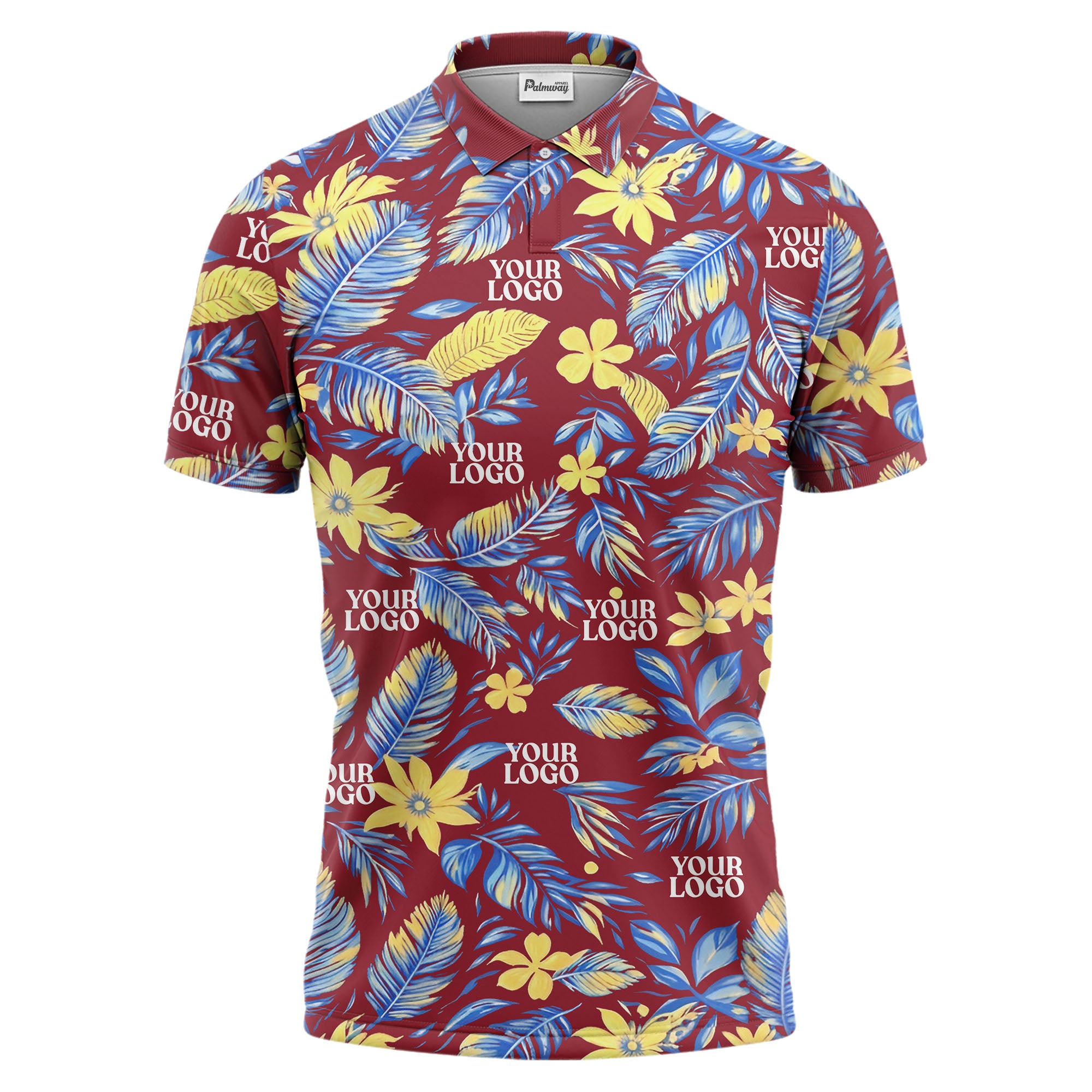 tropical floral hawaiian paradise flowers leaves plants black yellow blue green illustrated polo shi polo shirt