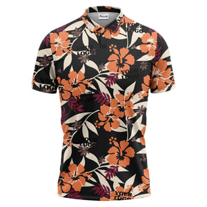 tropical illustrated floral paradise polo shirt bursting with hibiscus and palm leaves