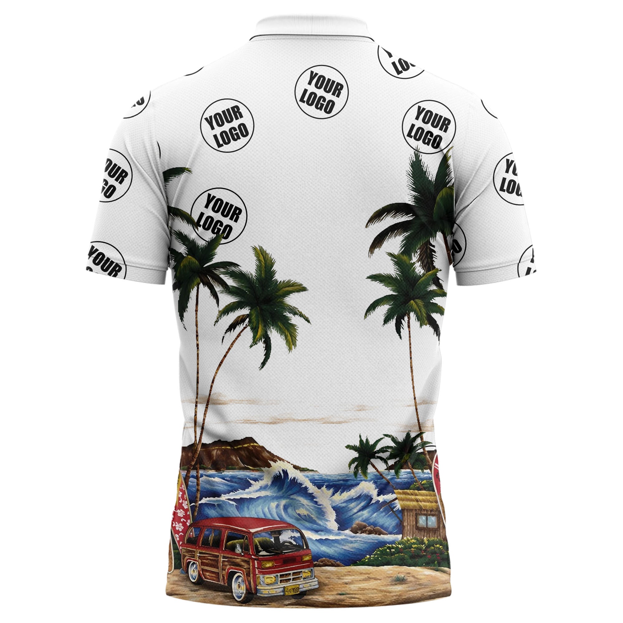 tropical surf vans & palm trees beach scene illustrated polo shirt for summer