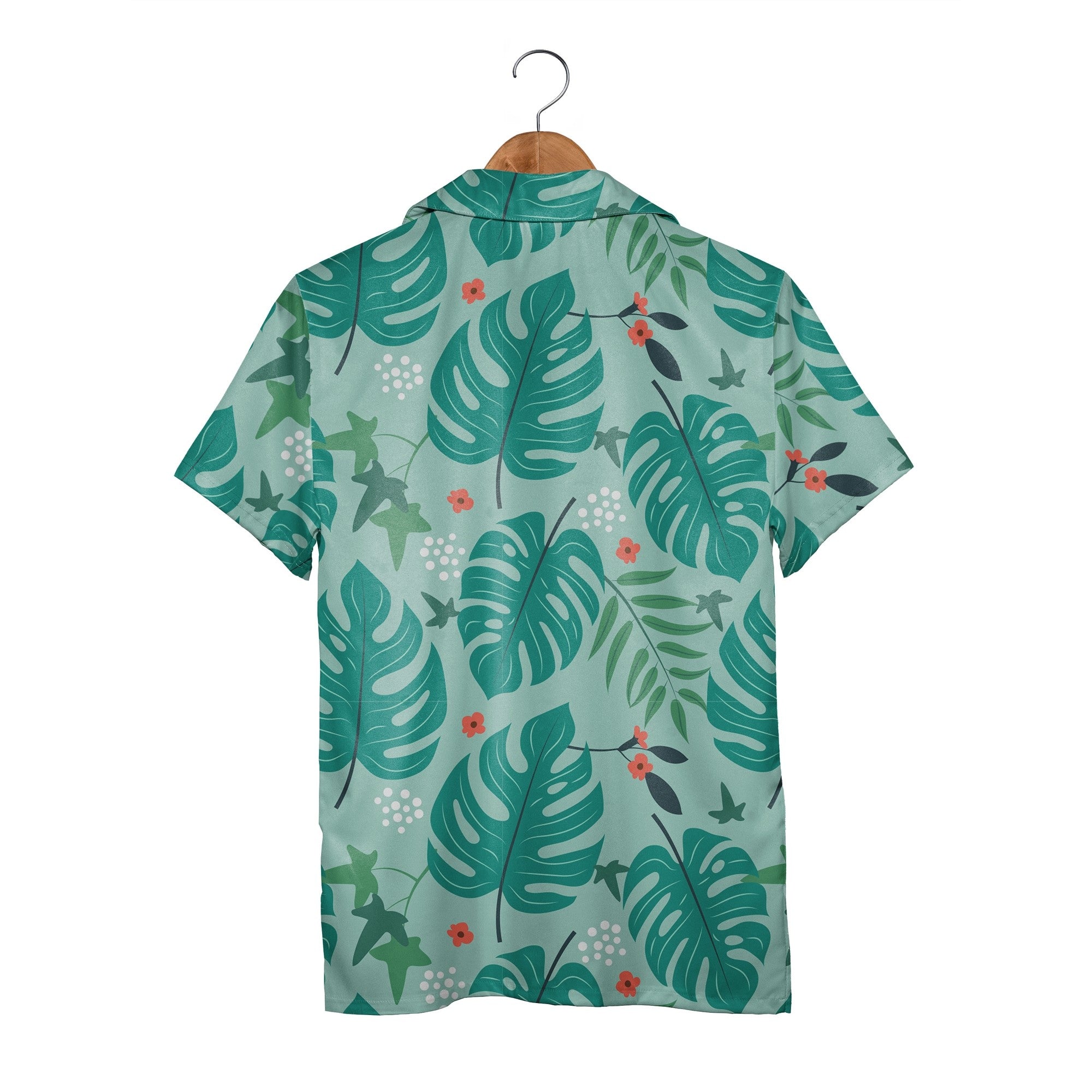 Turquoise Hawaiian Shirt with Monstera Vines and Coral Five-Petal Flowers