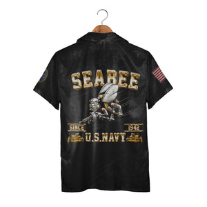 US Navy Seabees Hawaiian Shirt - Patriotic Bee Mascot American Flag Graphic Tee