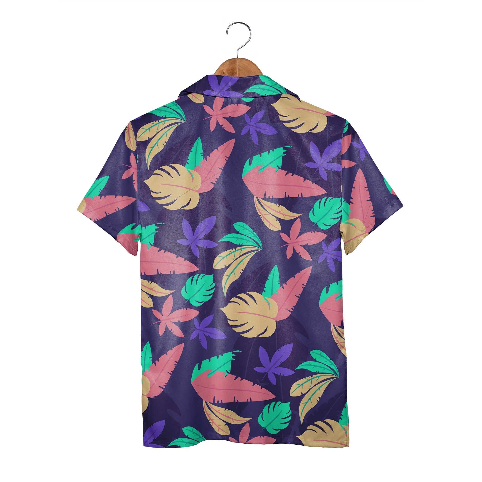 Vibrant Tropical Leaf Hawaiian Shirt in Deep Indigo with Coral and Teal Accents