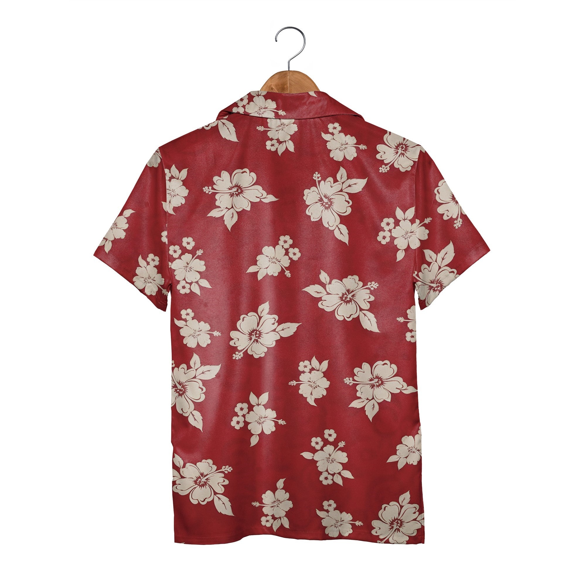 Vintage Camp Collar Hawaiian Shirt in Cherry Red with Ivory Hibiscus