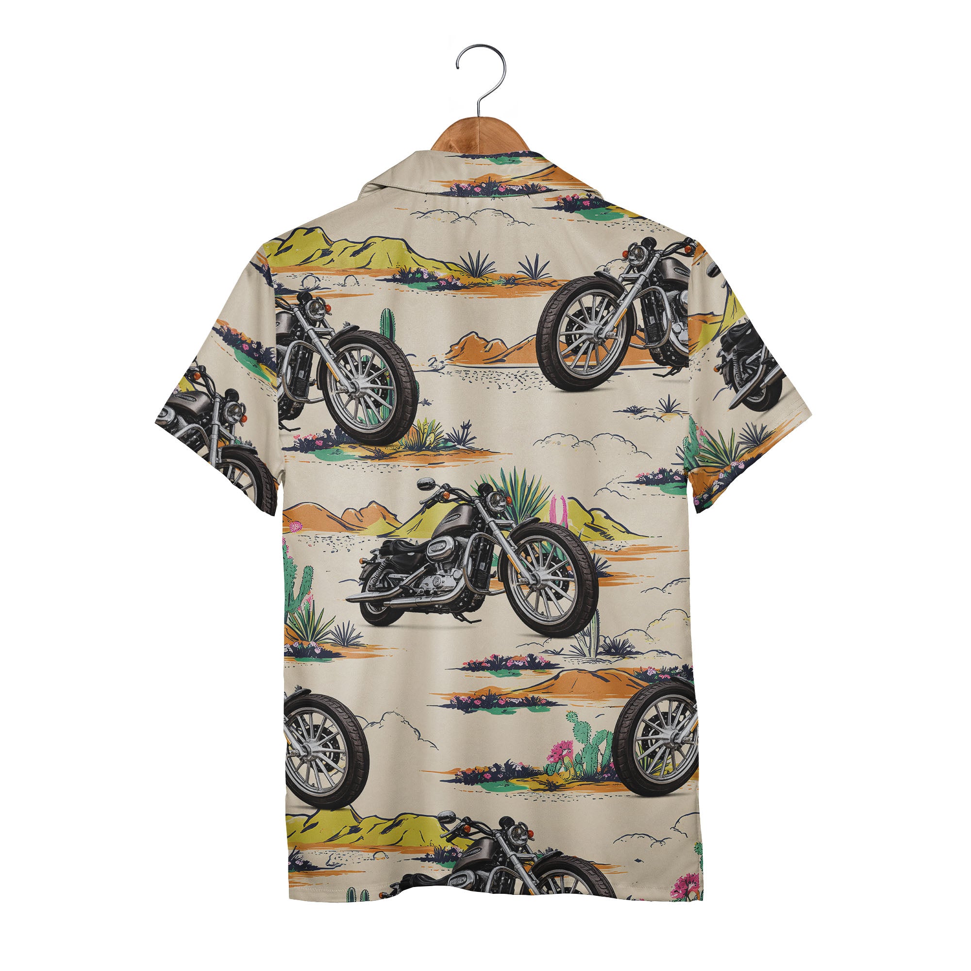 Vintage Desert Motorcycle Adventure Hawaiian Shirt With Cacti & Mountain Landscape