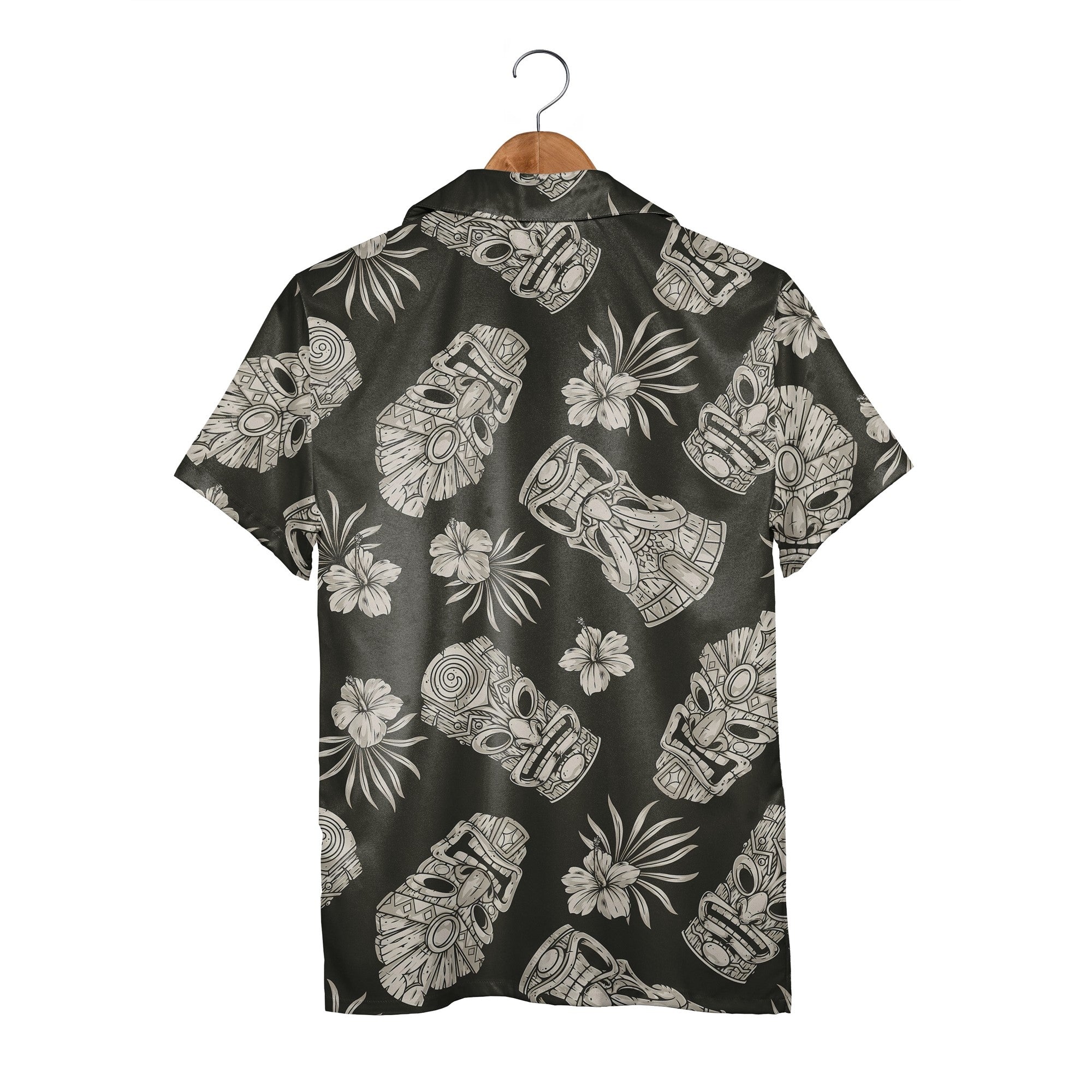 Vintage Greyscale Tiki Hawaiian Shirt with Hibiscus on Charcoal