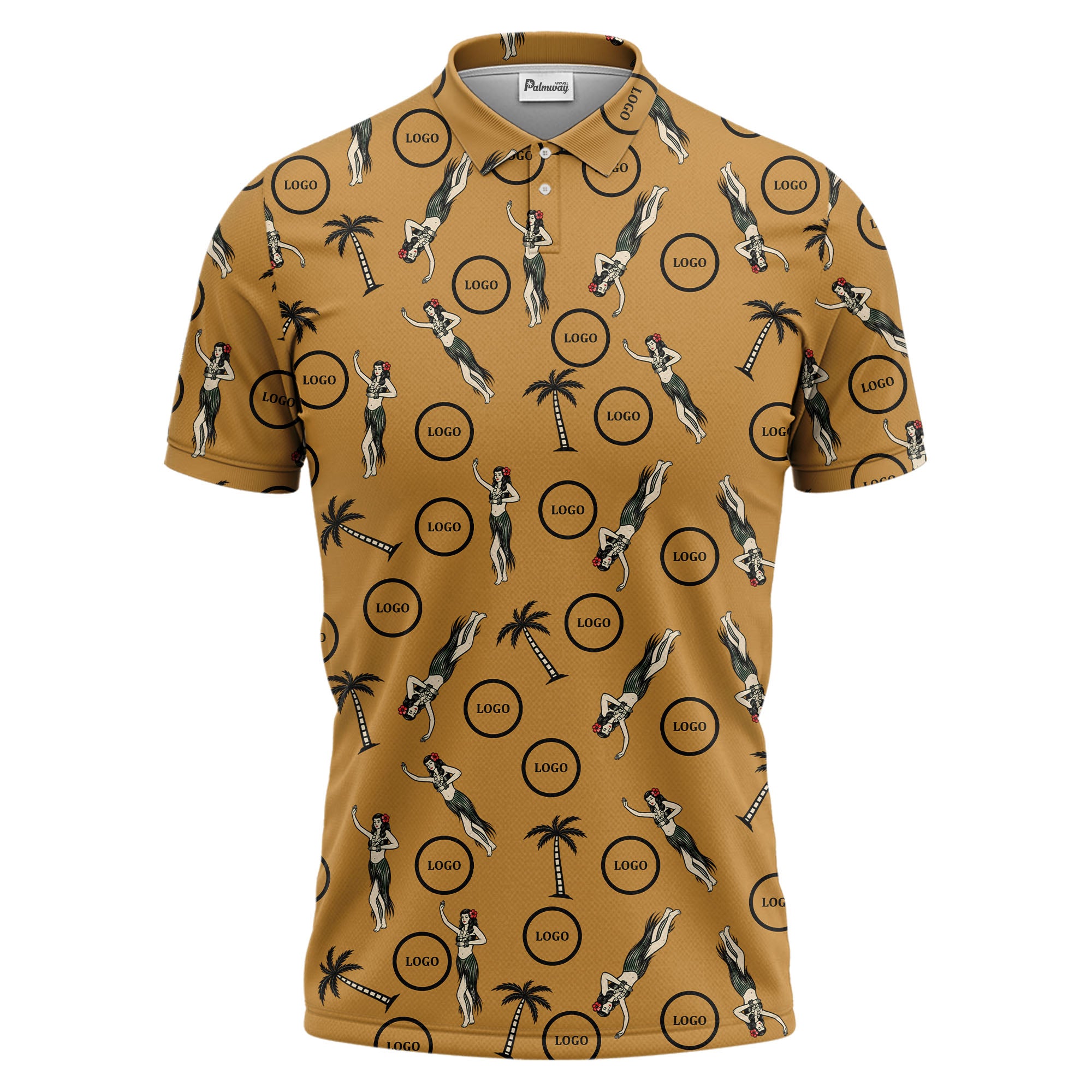 vintage hula dancers & palm trees black hawaiian polo shirt for men