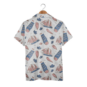 Vintage Sailboat & Seashell Nautical Hawaiian Shirt – Marine Bird Pattern