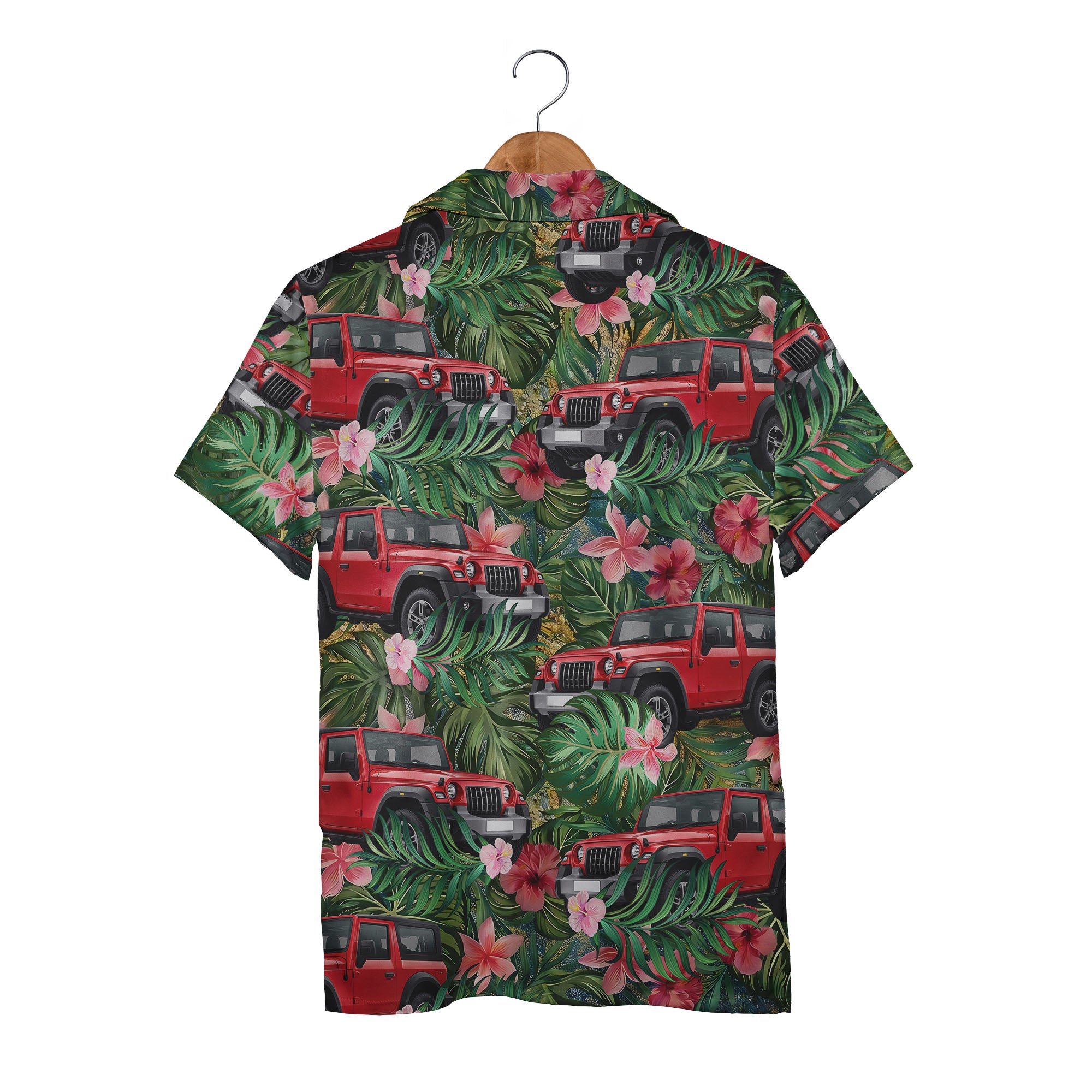 Vintage Tropical Jeeps Hibiscus Leaves Green Aloha Button Down Shirt Hawaiian Shirt