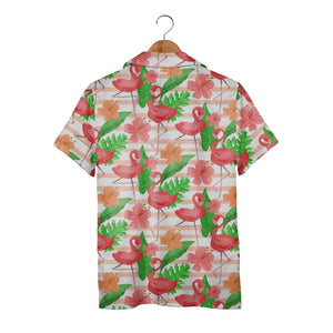 Watercolor Flamingo and Hibiscus Hawaiian Shirt Pink Stripes