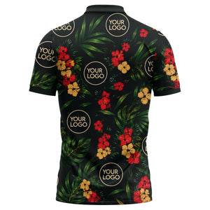 watercolor hibiscus & palm leaves tropical polo shirt for men