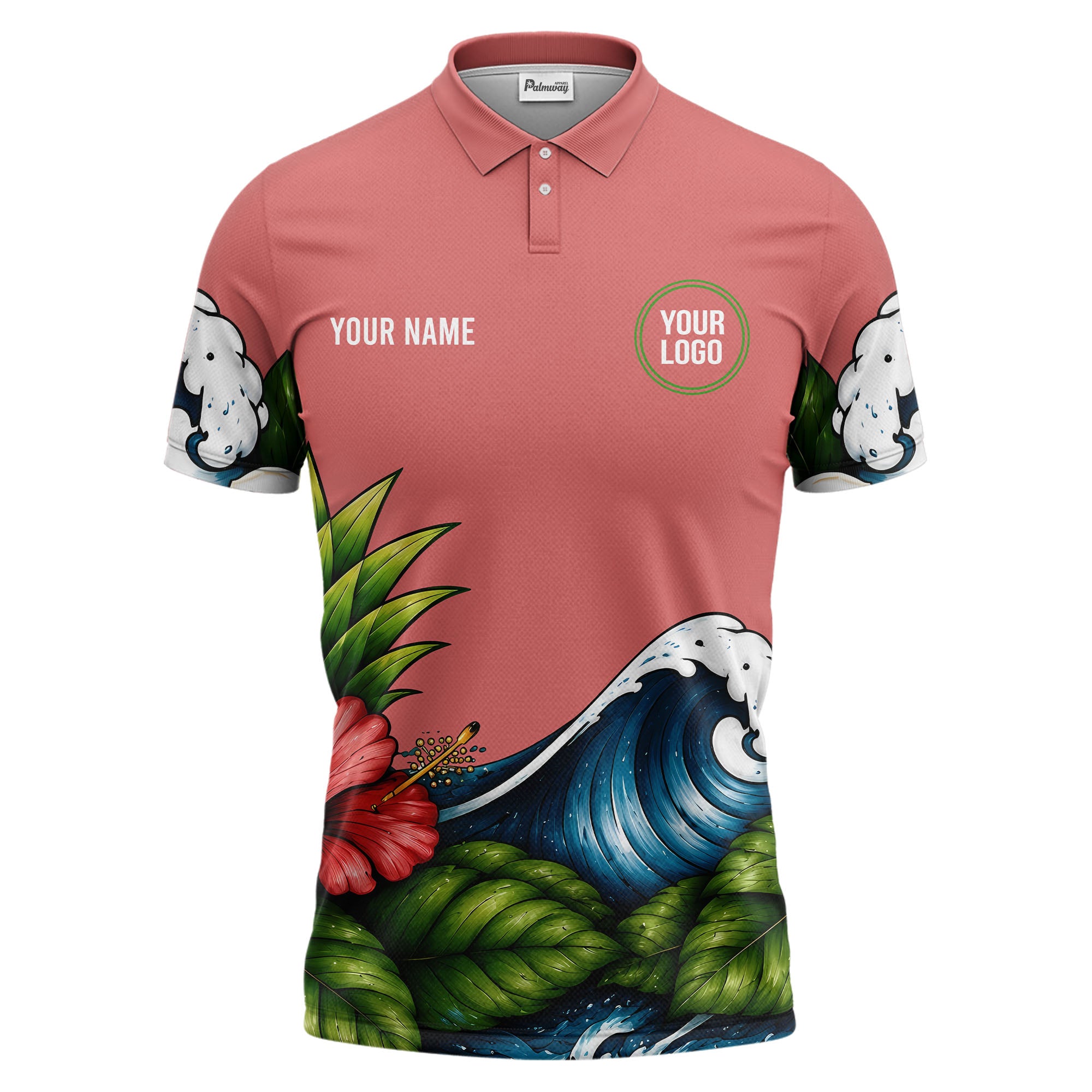watercolor ocean wave palm leaf hibiscus floral navy blue polo shirt for men