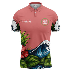 watercolor ocean wave palm leaf hibiscus floral navy blue polo shirt for men