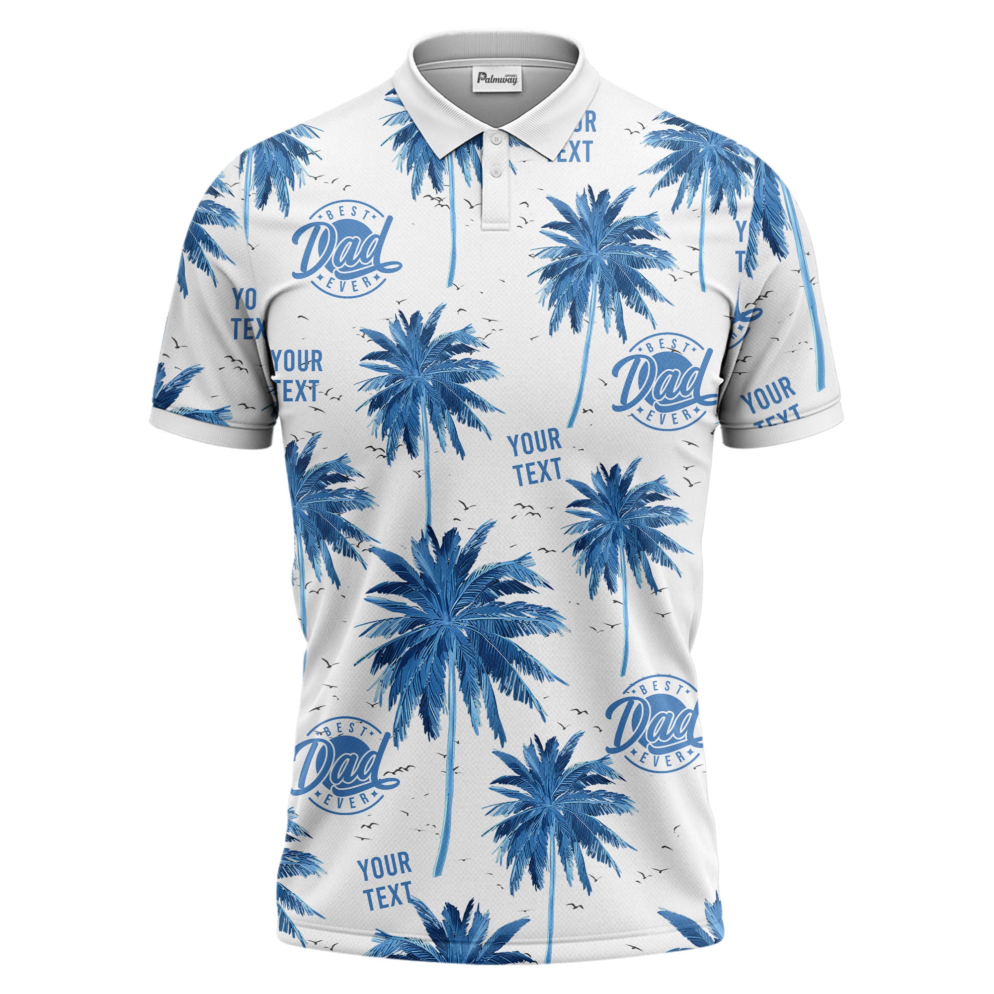 watercolor palm trees birds best dad ever navy blue tropical polo shirt