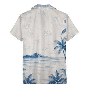 watercolor palm trees mountain waves navy blue hawaiian shirt