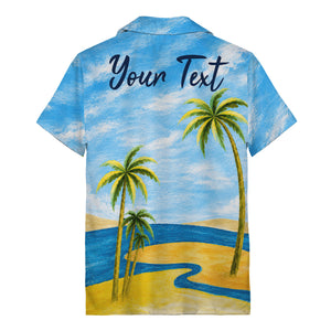 watercolor palm trees sandy beach ocean waves hawaiian shirt