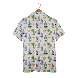 Watercolor Sailboat & Palm Tree Hawaiian Shirt – Tropical Beach Style