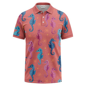 watercolor seahorse repeat marine life polo shirt in pink blue