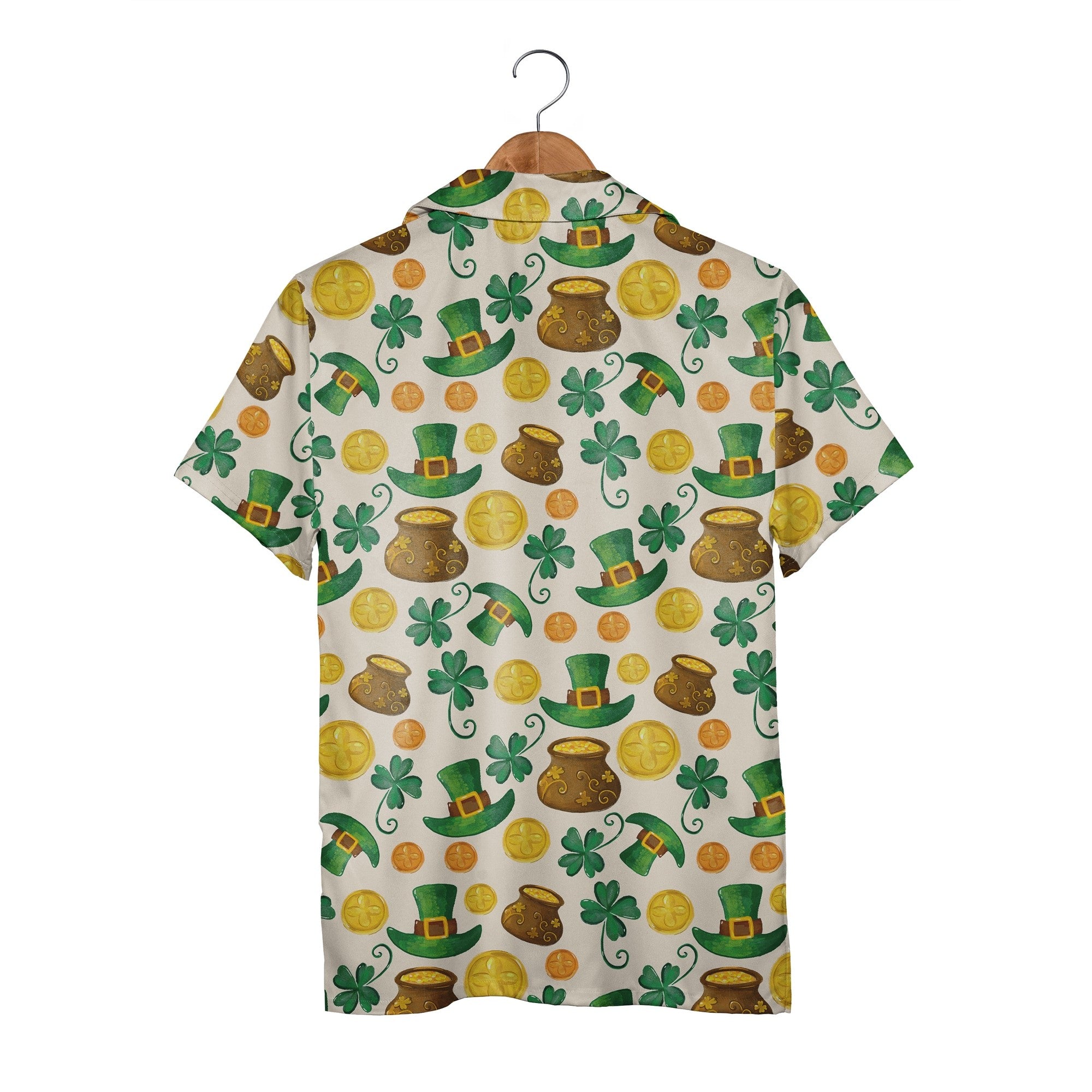 Watercolor St Patricks Hawaiian Shirt with Pots of Gold and Swirling Stems