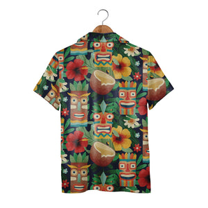 Watercolor Tiki Mask Hawaiian Shirt with Coconuts on Navy Blue