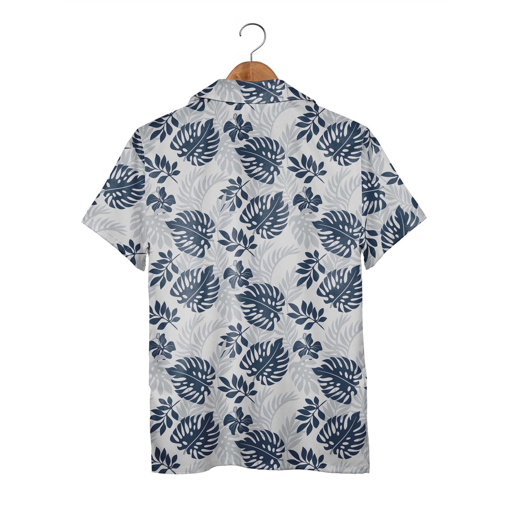 White Calm Elegant Monstera Hawaiian Shirt with Navy Blue Hibiscus Silhouettes