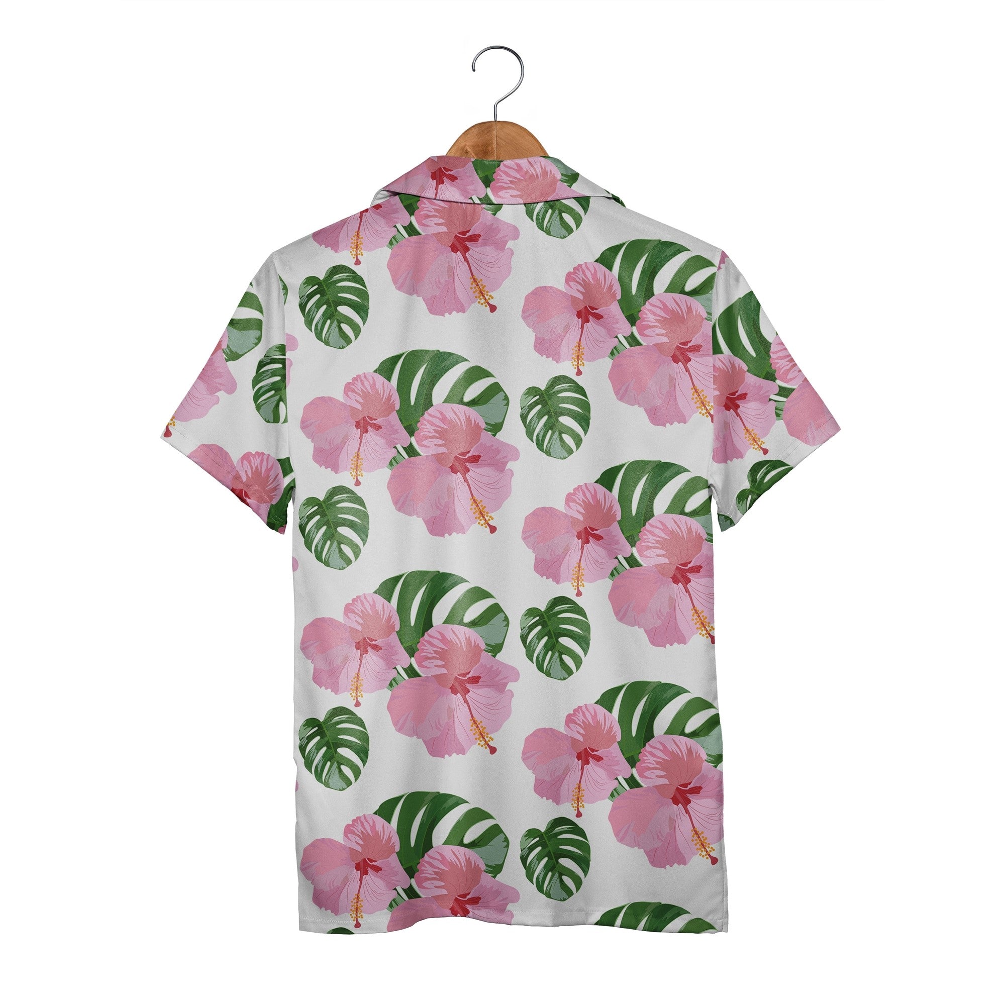 White Elegant Pink Rose Hibiscus Hawaiian Shirt with Fresh Monstera Leaves