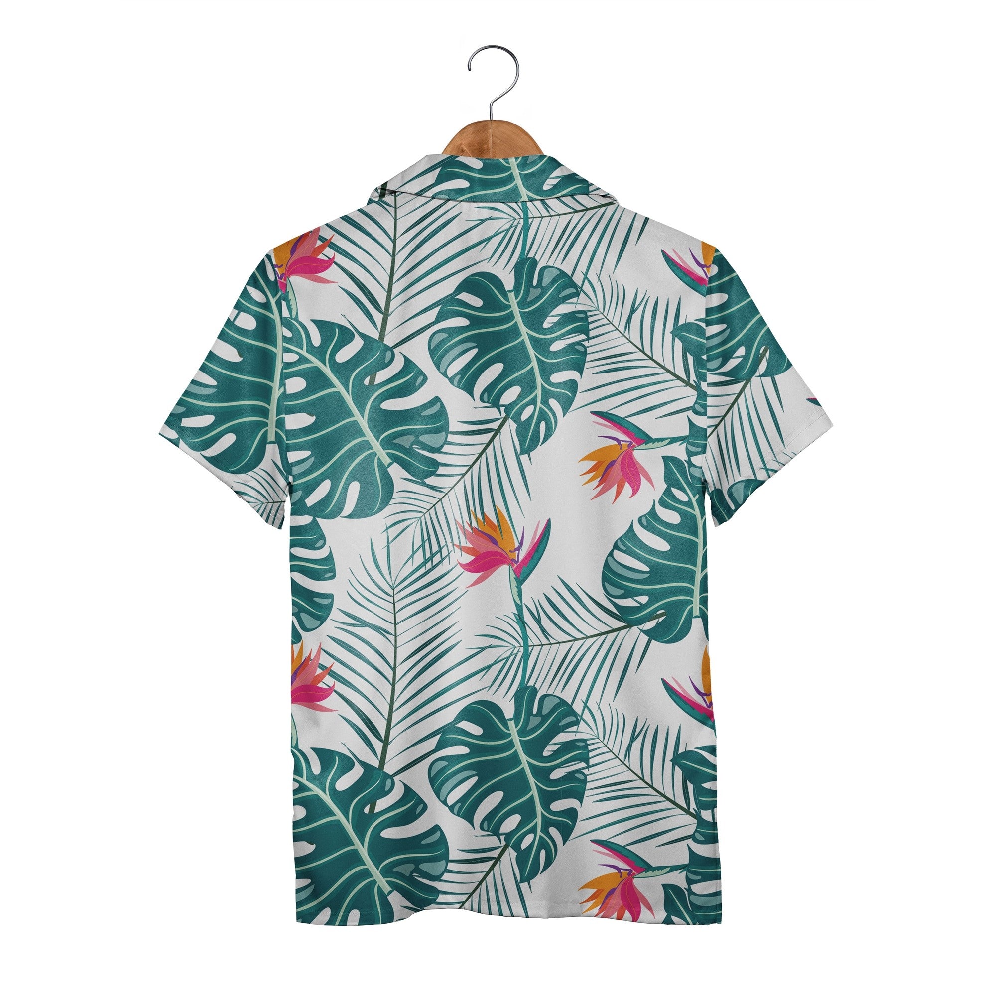 White Hawaiian Shirt with Bird of Paradise Flowers and Dark Teal Monstera