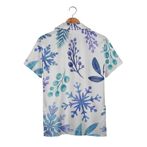 White Watercolor Branch Hawaiian Shirt with Blue Gradient Snowflakes