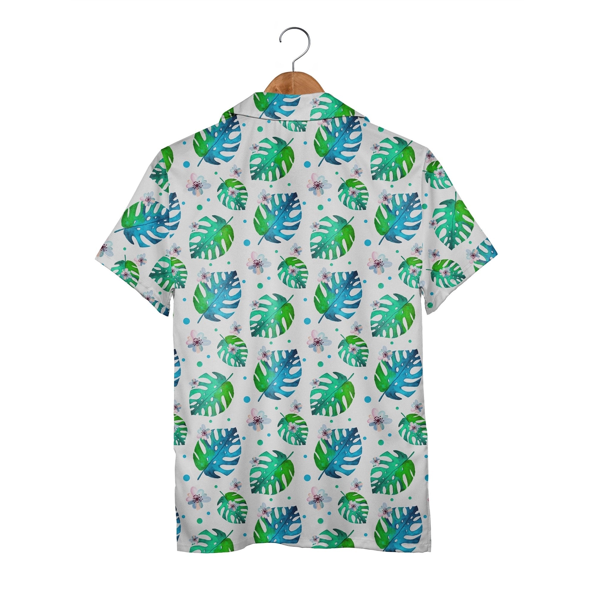 White Watercolor Monstera Hawaiian Shirt with Pink Blue Gradient Flowers