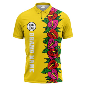 anthurium & emerald leaf stripe coral red polo shirt for men