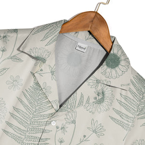 Botanical Line Art Fern and Wildflower Hawaiian Shirt in Sage Green