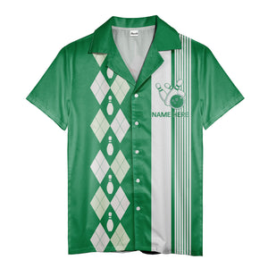 bowling argyle hawaiian shirt with pins & ball, retro sport aloha button down shirt