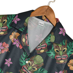 Colorful Tiki Mask Hawaiian Shirt with Hibiscus on Charcoal Grey