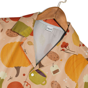 Cozy Autumn Hawaiian Shirt with Knit Beanie Hats Hot Cocoa and Yarn Balls