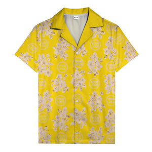 cream floral bouquets & gold circular logos watercolor hawaiian shirt