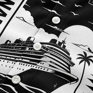 cruise ship silhouette sunset palm trees hawaiian shirt