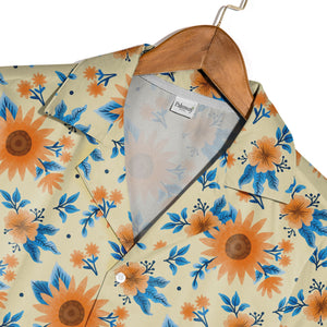 Decorative Orange Sunflower Hawaiian Shirt with Blue Leaves on Yellow
