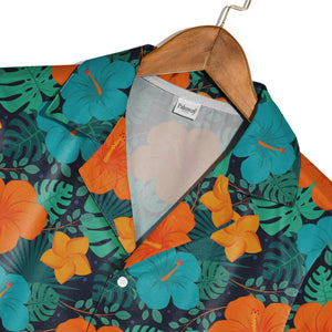 Deep Midnight Blue Vibrant Hibiscus Hawaiian Shirt with Plumeria and Fan Palm