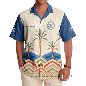 desert oasis palm trees sunset hills illustrated hawaiian shirt