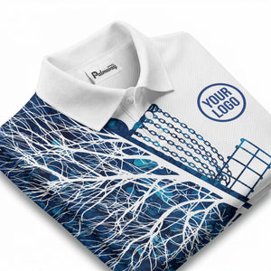 disc golf basket with blue hexagon roots pattern polo shirt for men