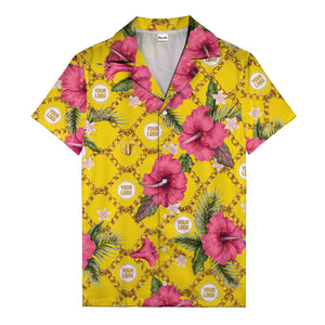 gold chain & pink hibiscus watercolor hawaiian shirt for men