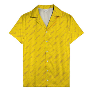 gold diagonal logo repeat pattern on black hawaiian shirt for men