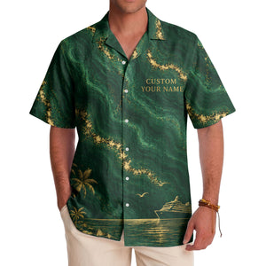 gold palm trees over emerald ocean waves cruise ship hawaiian shirt