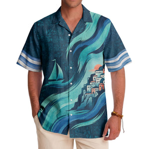 illustrated sailboat sunset & coastal village waves hawaiian shirt