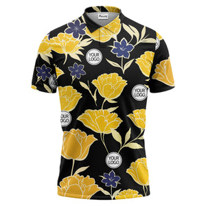 illustrated tropical floral vacation polo shirt splashed with hibiscus leaves