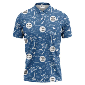 illustrated tropical palm surfboard aloha polo shirt for summer beach vacations