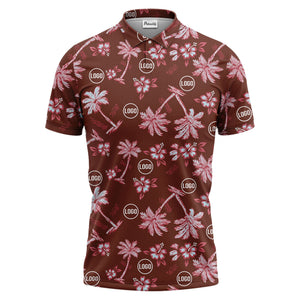 illustrated tropical paradise palm tree and floral polo shirt for men