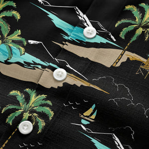 island paradise palm trees & sailboats sunset hawaiian shirt
