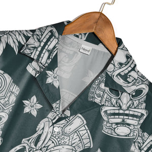 Monochrome Engraving Style Tiki Hawaiian Shirt on Dark Teal